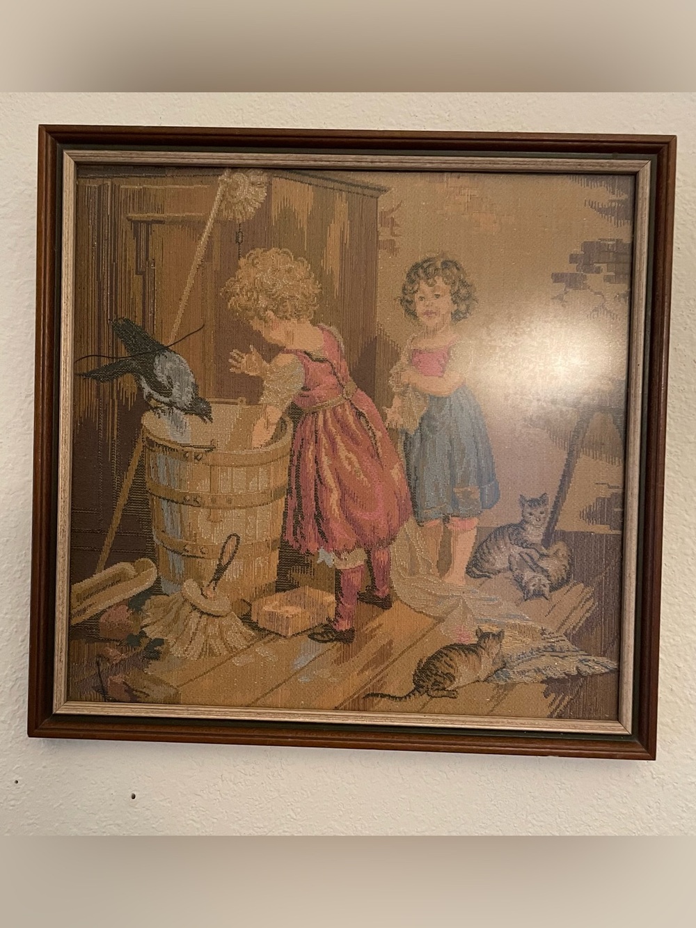 Vtg Framed French Country Jacquard Tapestry Girls Doing Laundry Cottage Core